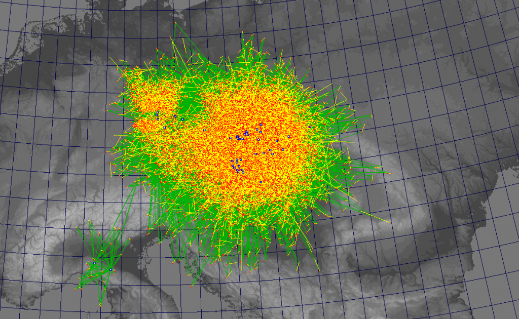 Figure 4: Ground map (central Europe) of all multi-station meteors registered by CEMeNt stations from 2010 to 2016 (36 321 orbits). Overall stations positions are marked (blue circles).