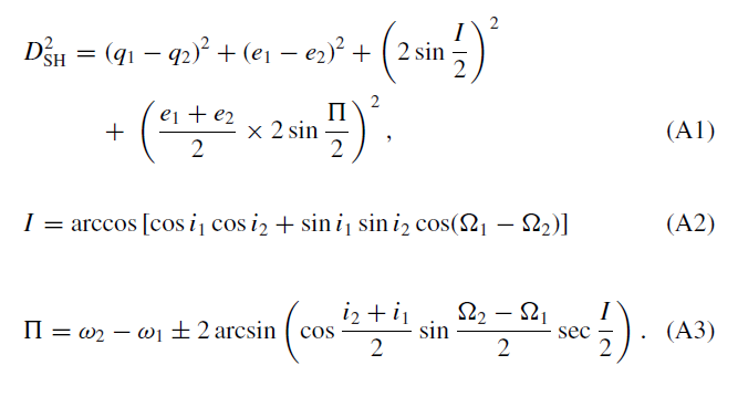 Fig. 2: Equations for calculating the Southworth-Hawkins criterion of orbits similarity (DSH).