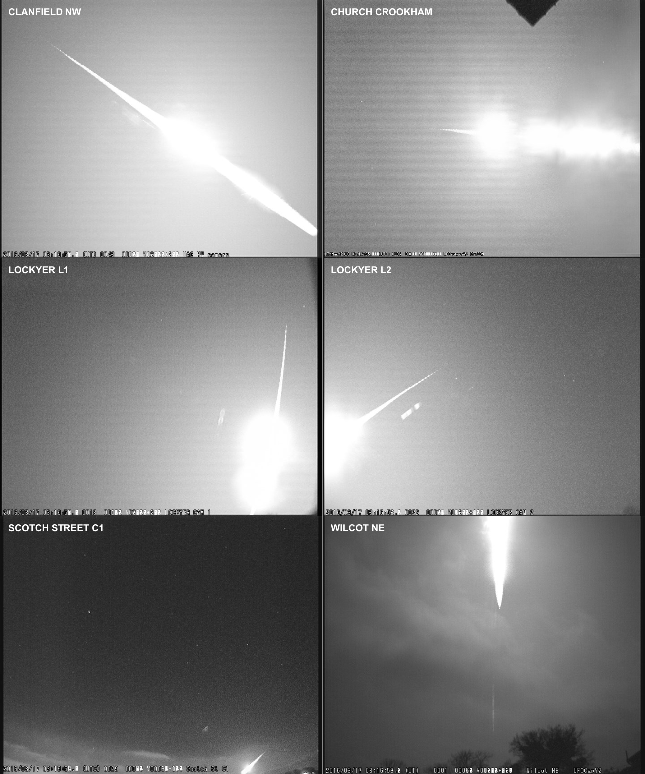 Fig. 1: Summary images of the fireball 20160317_031654 from stations Clanfield NW (Hampshire Astronomy Group, Steve Bosley), Church Crookham (Peter Campbell-Burns), Lockyer L1, L2 (Norman Lockyer Observatory, Dave Jones), Scotch Street C1 (Steve Hooks) and Wilcot NE (Richard Fleet). Within the summary images have been omitted saturated part of the sequence (saturated frames). Author: UKMON.